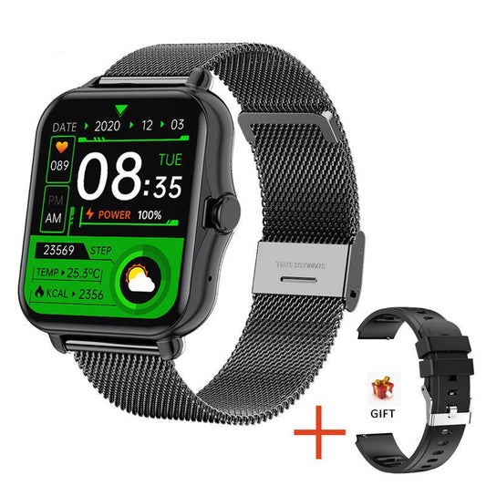 Smartwatch with a metal mesh band and additional band on a white background