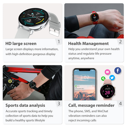 Smartwatch features including HD screen, health management, sports data analysis, and call/message reminders on a white background.