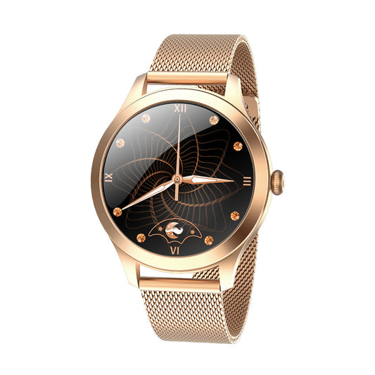 Rose gold watch with black dial on a white background