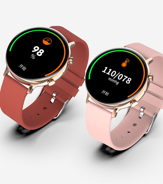Two smartwatches with different colored straps on a white background