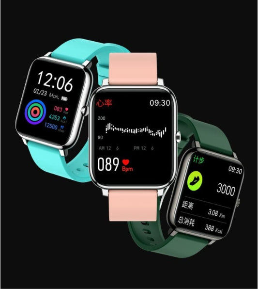 Three smartwatches with different colored bands on a black background
