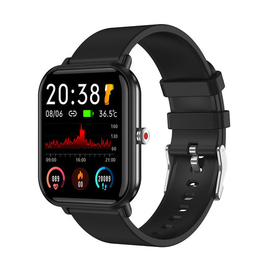 Black smartwatch with a colorful display on a white background