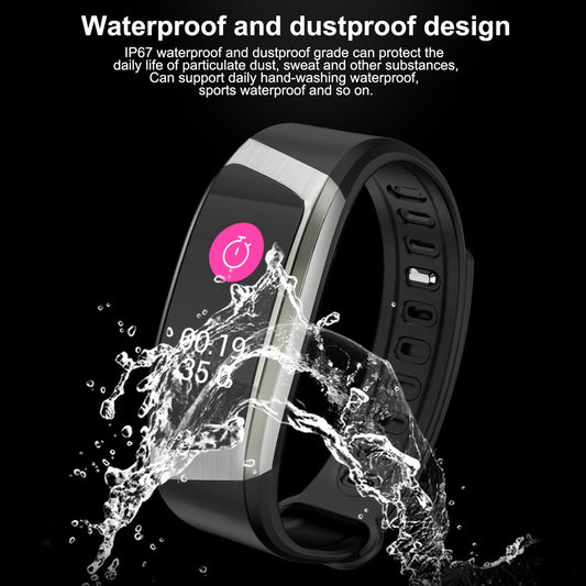 Smartwatch with water splashes on a black background, emphasizing waterproof feature.