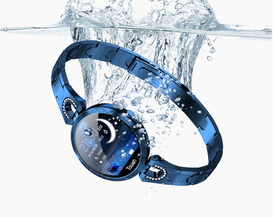 Blue smartwatch with water resistance feature, submerged in water.