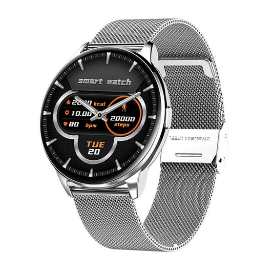 Silver smartwatch with a black display on a white background