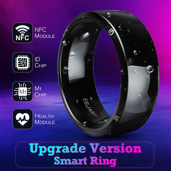 Black smart ring with technical features on a purple and blue gradient background
