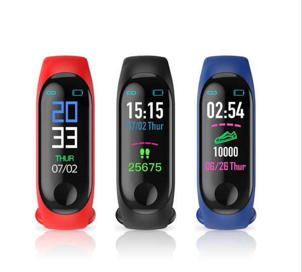Three fitness trackers in red, black, and blue on a white background