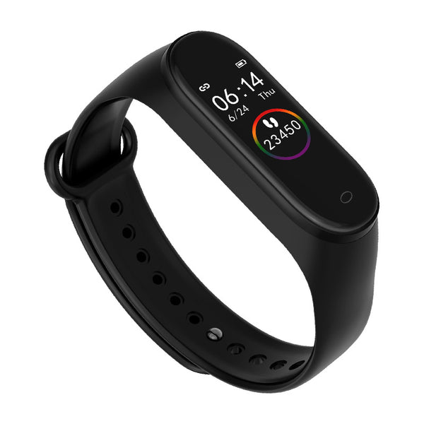 Black smartwatch with a colorful display on a white background