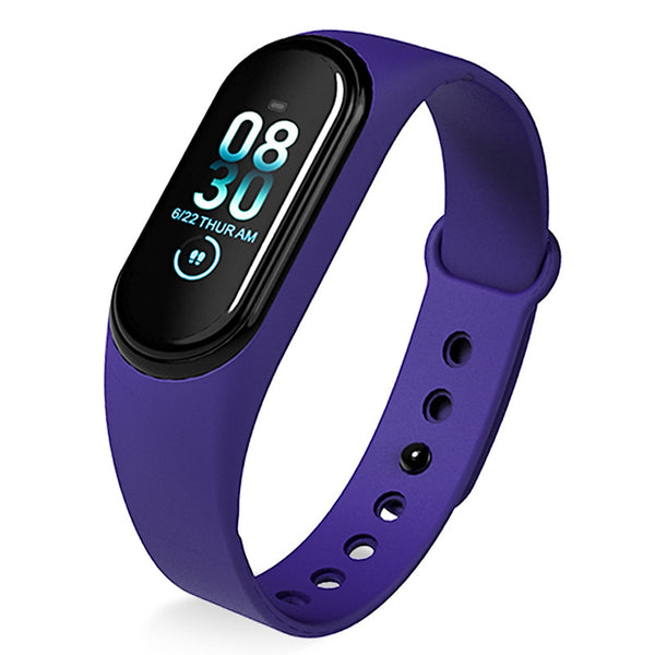 Purple smartwatch with digital display on a white background