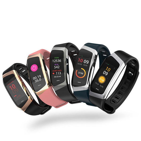 Five smartwatches with different colored bands on a white background