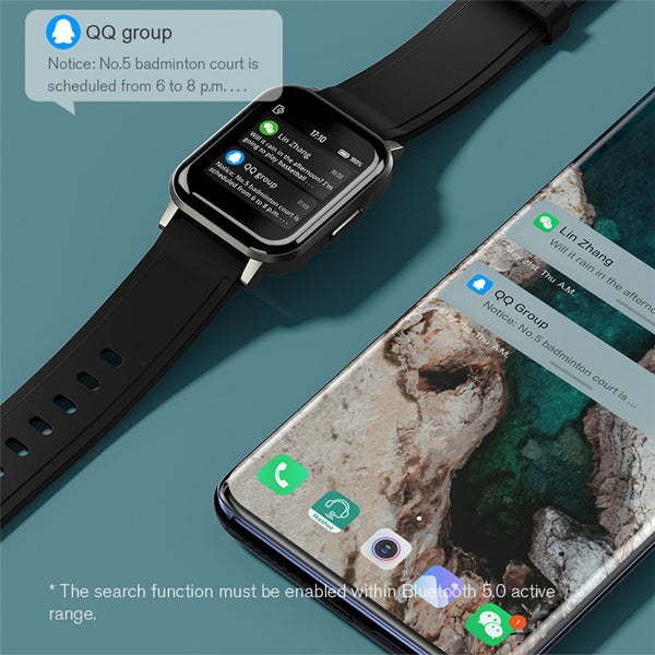 Smartwatch and smartphone displaying QQ group notifications on a teal background