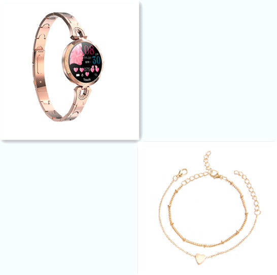 Smartwatch with a rose gold band and a gold bracelet on a white background