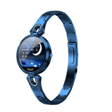 Blue smartwatch with a metallic band on a white background
