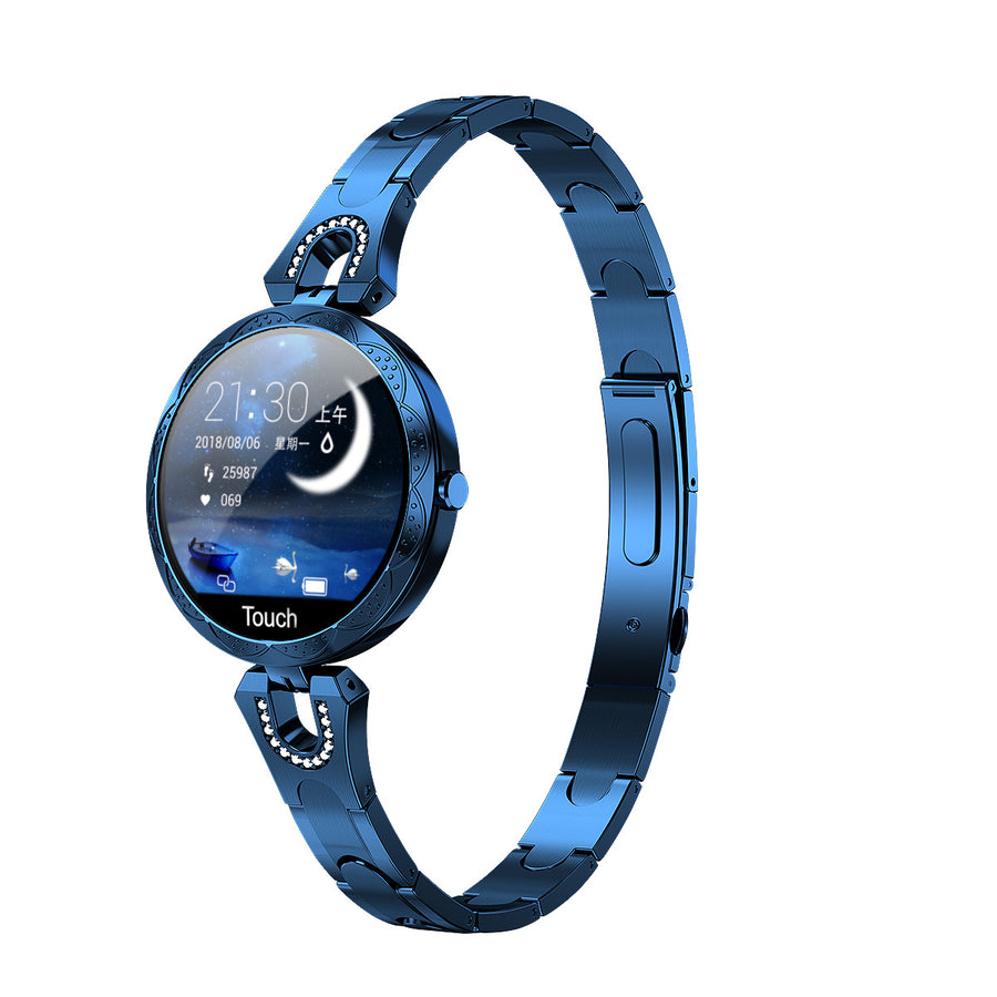 Blue smartwatch with a metallic band on a white background