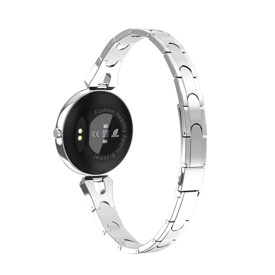 Silver smartwatch with a black screen on a white background