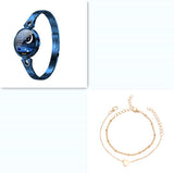 Blue smartwatch on a white background with gold bracelet below