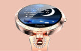 Rose gold smartwatch with a clear screen on a pink background