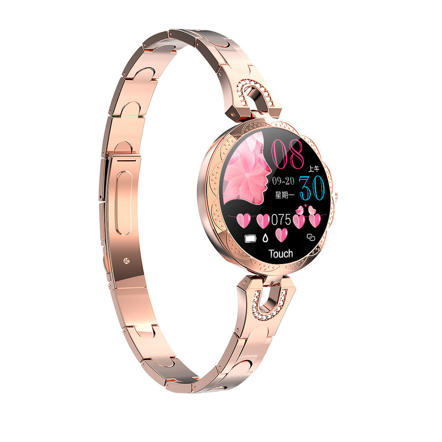 Rose gold smartwatch with a colorful display on a white background