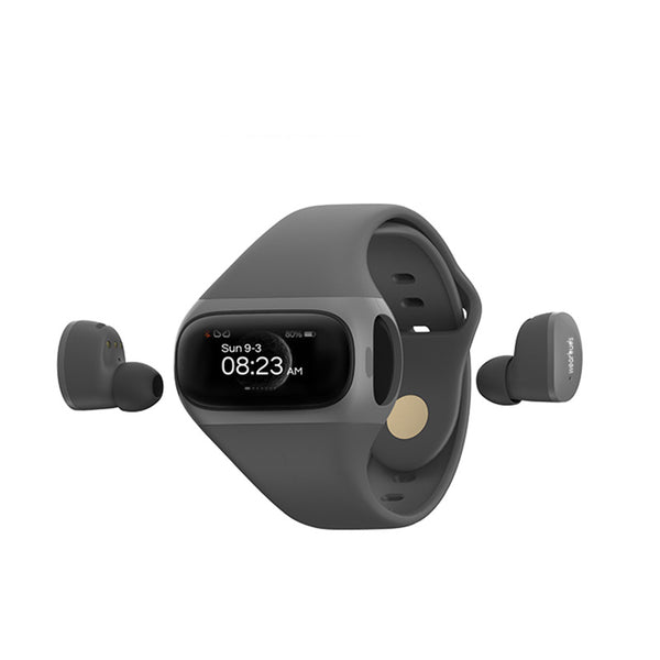 Gray smartwatch with earbuds on a white background